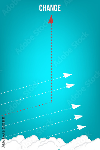 Red airplane changing direction and white ones. New idea, change, trend, courage, creative solution, innovation and unique way concept. 