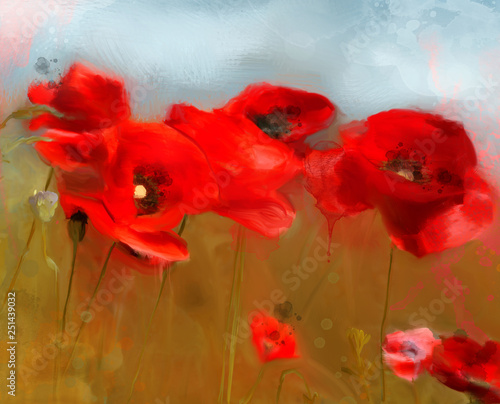 Spring and summer flowers collection – red poppies field in oil painting style photo