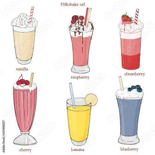 Set of refreshing summer drinks. Milkshakes of fruits and berries.