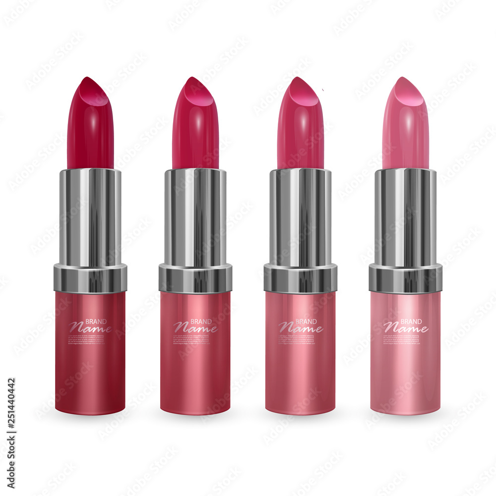 Set of lipsticks of colors from Red to light pink, lipsticks on transparent background, vector EPS 10 illustration
