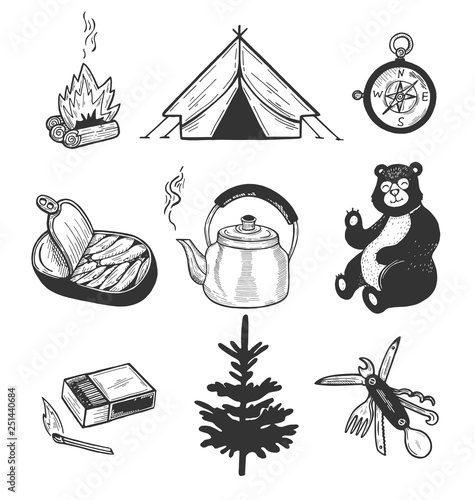 Useful objects for going hiking isolated on white background