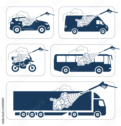 Set of car washing pictograms. Professional carwash. Deep cleaning. Illustration presenting washing of cars, trucks, bus and motorcycle.
