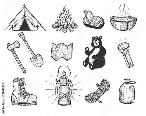 Useful objects for going hiking isolated on white