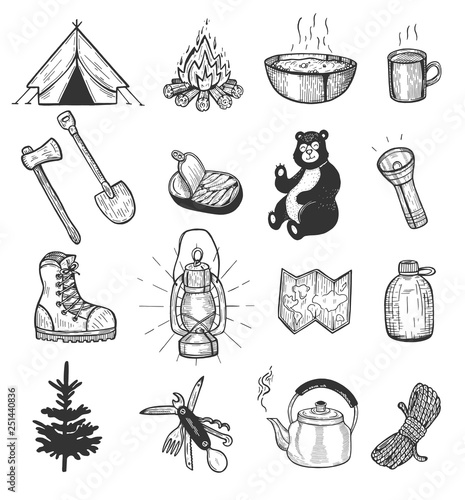 Useful objects for going hiking isolated on white