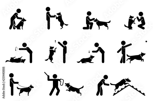 Set of pictograms representing relationship and bond between dogs and their owners. Puppy training. Training dogs on polygon.