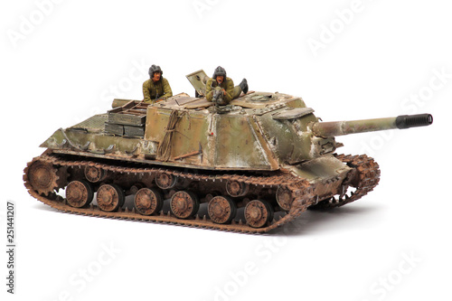 stand model of a military battle tank on a white background