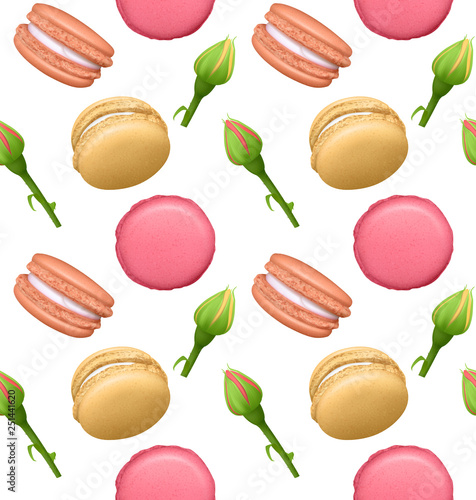 Seamless pattern with french sweet macaroons and roses. Fresh bakery. Can be used in food industry for wallpapers, posters, wrapping paper. Vector Eps10