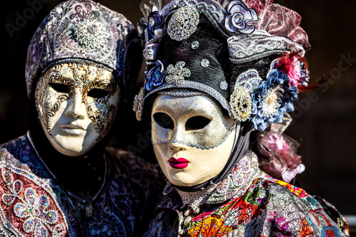 Close-up of a costume reveller poses during the Carnival in Venice, Italy.