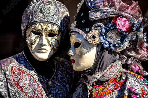 Close-up of a costume reveller poses during the Carnival in Venice, Italy.