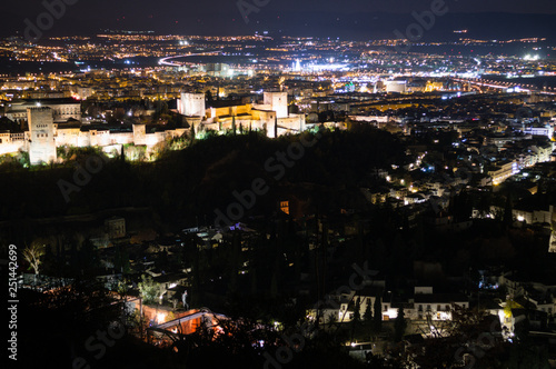 Panorama of Sierra Nevada and Granada, Spain as Seen from Sacromonte Hill at Night