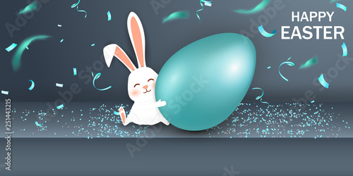 Happy Easter. Easter Rabbit Bunny with realistic blue egg on gray background. Cute, funny cartoon rabbit character with Paschal egg. Design template for Banner, flyer, greeting card, poster.