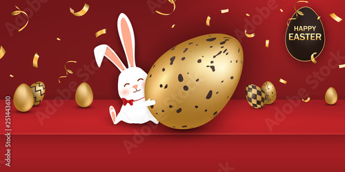 Happy Easter. Easter Rabbit Bunny with realistic eggs on red background. Cute, funny cartoon rabbit character with Paschal egg. Design template for Banner, flyer, invitation, greeting card, poster.