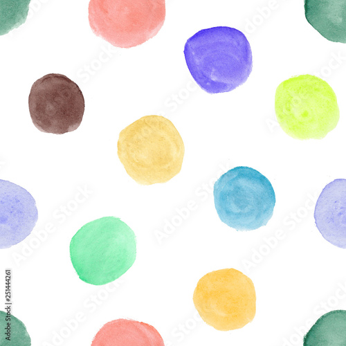 Seamless watercolor pattern with hand drawn colorful circles. Beautiful polka dots watercolour ornament for textile, wrapping paper, wallpaper, surface design