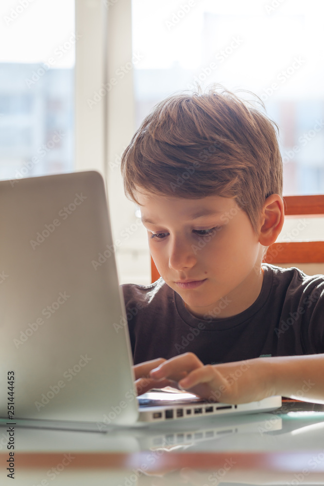 A young boy at home using a laptop to do his homework A young boy at home using a laptop to do his homework