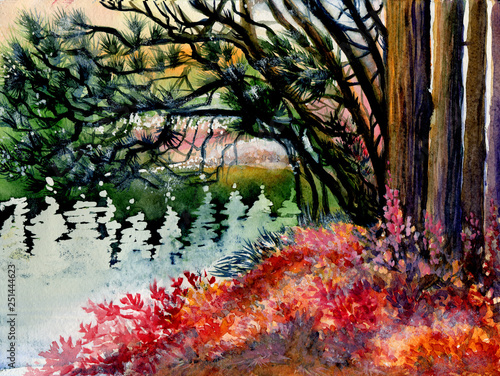 watercolor illustration of autumn forest and lake