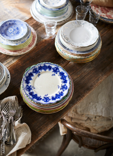 Patterned Plate Stacks on Farmhouse Table
