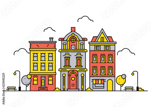 Thin line town landscape. urban european city. flat outline style