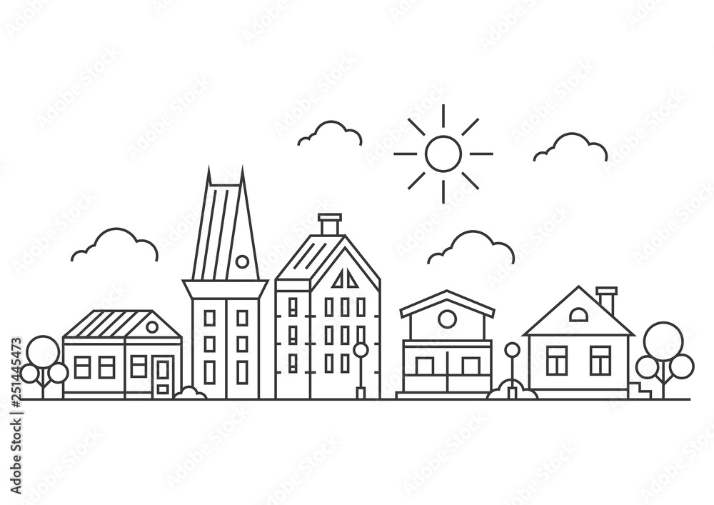 Thin line town landscape concept. linear cityscape with buildings sun and trees. in flat outline style. on white background. Vector illustration