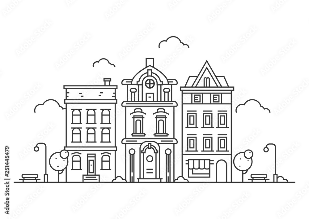 Cool detailed linear cityscape with townhouse, small town street in line style.