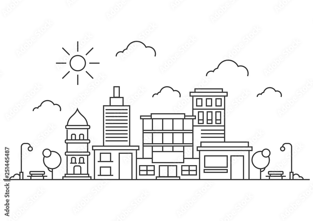 Vector Illustration line city. Construction business concept with houses