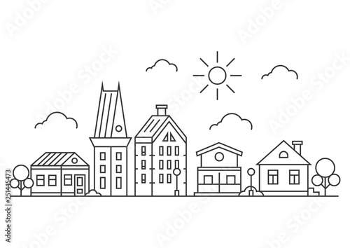 Thin line town landscape concept. linear cityscape with buildings sun and trees. in flat outline style. on white background. Vector illustration