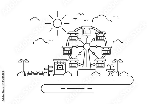 Illustration of a playground or entertainment with ferris wheel. Landscape of urban park. Thin line art style