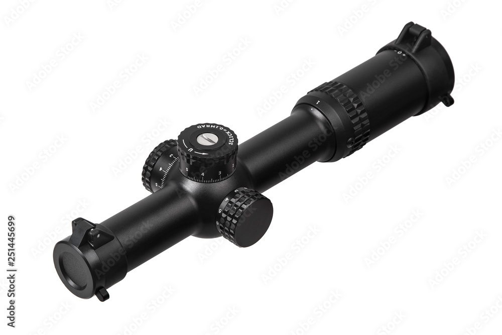modern black optical scope for weapon isolated on whited. sight scope isolated on white back. modern black optical scope for weapon isolated on whited. sight scope isolated on white back.