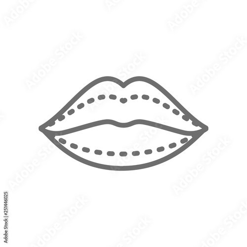 Lip augmentation, hyaluronic acid injections, plastic surgery line icon.