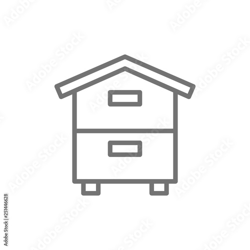 Wooden hive, beehive, apiary, beekeeping line icon.