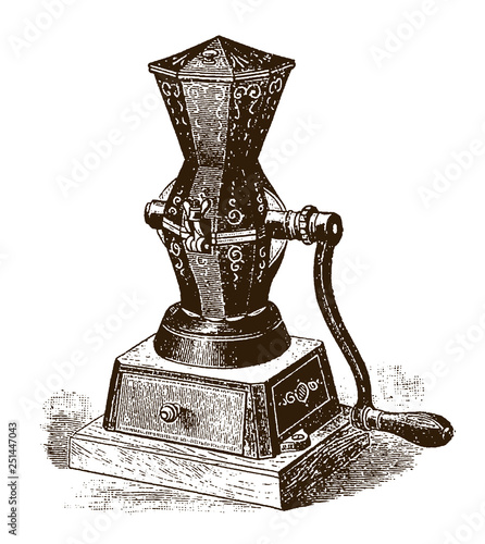 Historical mechanical coffee, spice and drug grinder (after an etching or engraving from the 19th century)