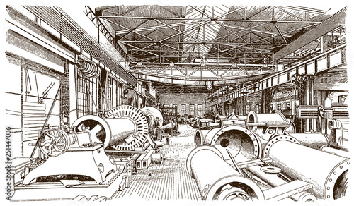 Interior view of a machine shop of a historical pipe production factory (after an engraving or etching from the 19th century)