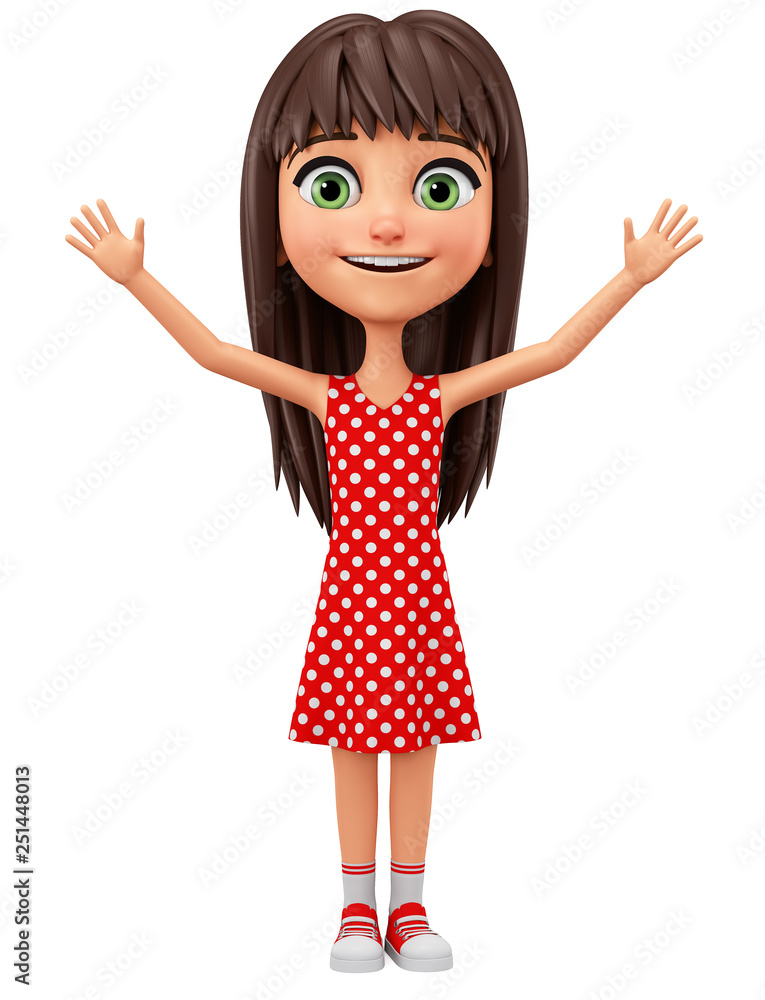 Cartoon character girl in red dress shows hands up greeting sign on white  background. 3d rendering. Illustration for advertising. Stock Illustration  | Adobe Stock