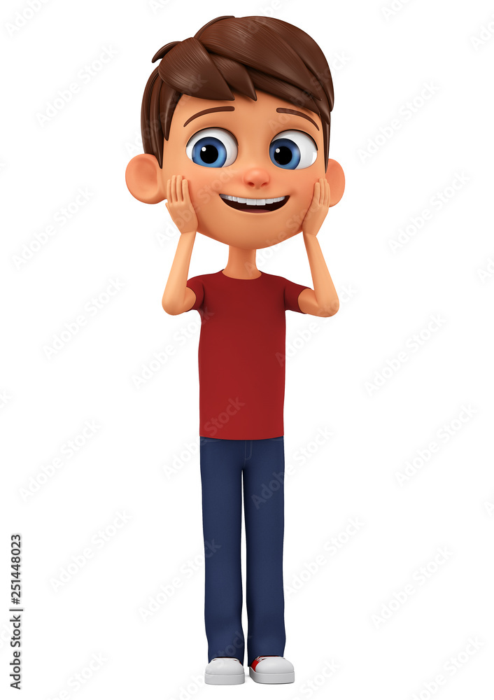 Character cartoon boy joy of surprise on a white background. 3d rendering. Illustration for advertising.