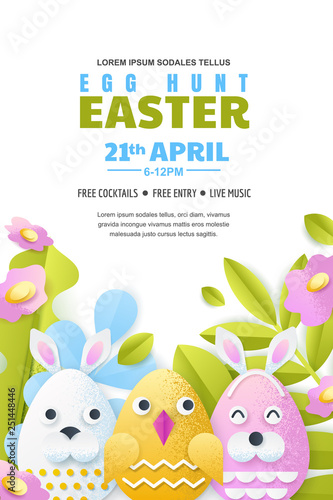 Egg hunt Easter vertical poster layout. Vector holiday banner or flyer template. Cute characters and spring plants.