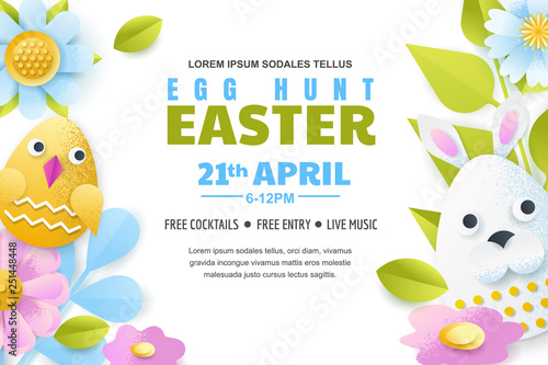 Egg hunt Easter poster, banner, flyer template. Vector layout. Holiday greeting card illustration. Paper cut background
