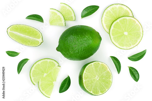 sliced lime with leaves isolated on white background. Top view. Flat lay pattern