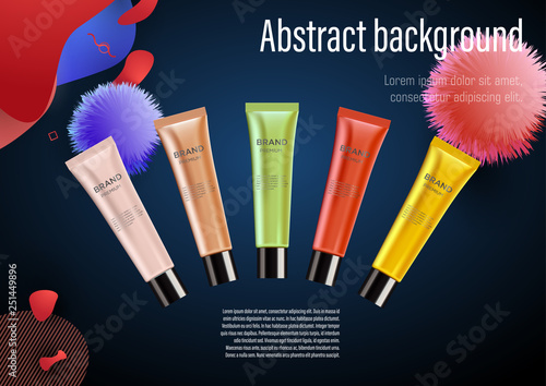 Realistic luxury set glamorous cosmetic creme bottle  in gold pink, green, yellow, red, orange pearly color Isolated on abstract background, mockup,  3D illustration for branding design and ads.