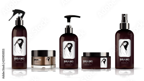Realistic brown bottle for cosmetic cream container.  Spray bottle. Tube for ointment, lotion, balsam. Mock up bottle.  Liquid soap pump bottle. Gel, balsam, with design label.  Cosmetic products pack
