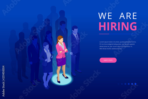 Isometric hiring and recruitment concept for web page, banner, presentation. Job interview, recruitment agency vector illustration