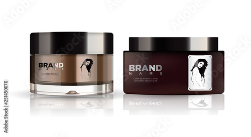 Round brown and silver plastic jar cosmetics set - body cream,  butter, scrub, bath salt, gel, skin care, powder. Realistic packaging mockup template.  Side view. Vector.