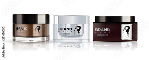 Round brown and silver plastic jar cosmetics set - body cream,  butter, scrub, bath salt, gel, skin care, powder. Realistic packaging mockup template.  Side view. Isolated on white background.