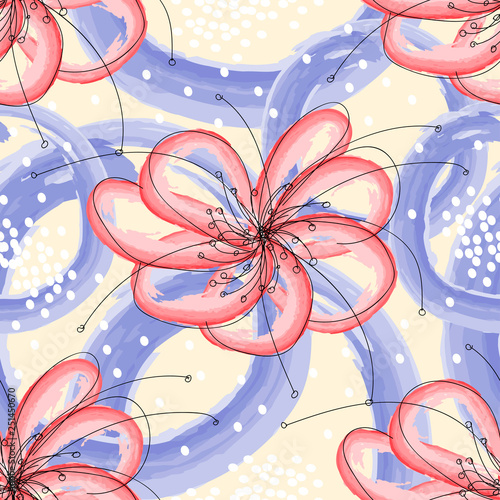pink flower with white dots on a background with light blue lines