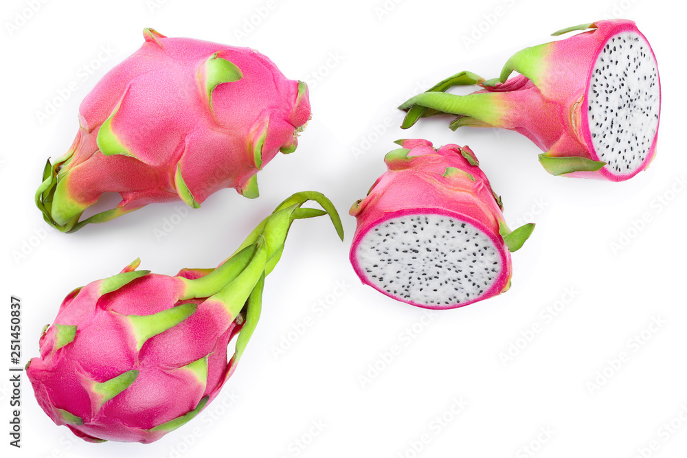 Dragon fruit, Pitaya or Pitahaya isolated on white background with copy space for your text. Top view. Flat lay Dragon fruit, Pitaya or Pitahaya isolated on white background with copy space for your text. Top view. Flat lay