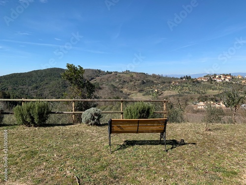 A bench toward panoramic view of Impruneta, in Florence