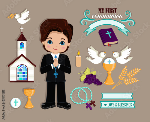 Set of design elements for First Communion for boys. Vector illustration for religious holidays.