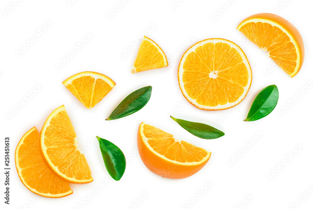 orange with leaves isolated on white background with copy space for your text. Top view. Flat lay orange with leaves isolated on white background with copy space for your text. Top view. Flat lay