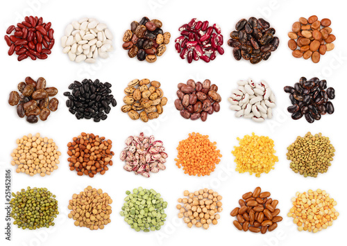 mix legumes isolated on white background. Top view. Flat lay photo