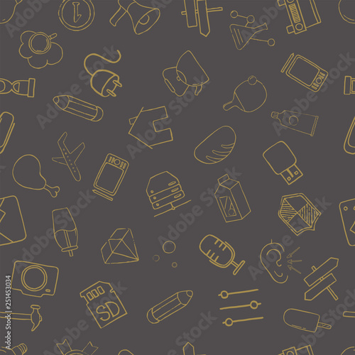 Set of diverse technological items and equipment. Doodle style icons