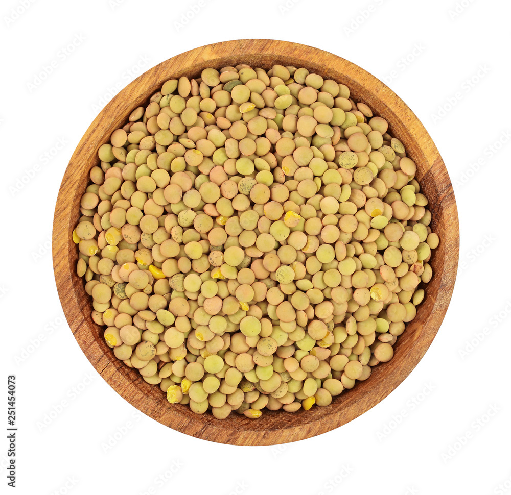 green lentil in wooden bowl isolated on white background. Top view green lentil in wooden bowl isolated on white background. Top view