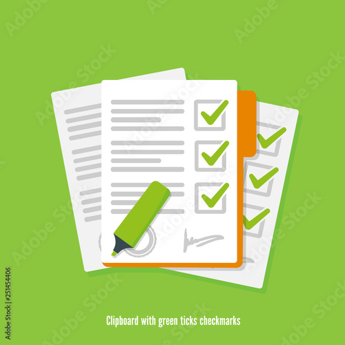 Clipboard with green ticks checkmarks. Vector illustration.